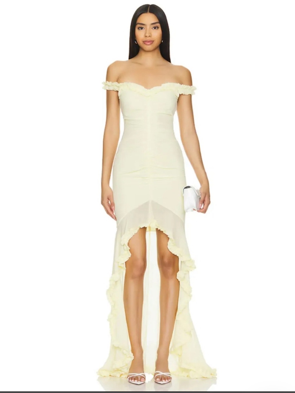 MAJORELLE Off-Shoulder Cream High-Low Ruffle Dress